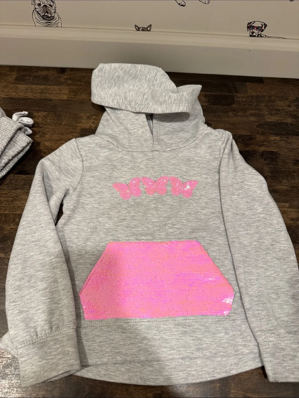 4/5 btween Light Gray Sequin Butterfly Hooded Sweatshirt and matching pants. - Picture 2 of 6